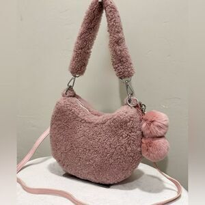 Dusty Rose Real Shearling Leather Half Moon Handbag with 2 Straps & Fur Charm